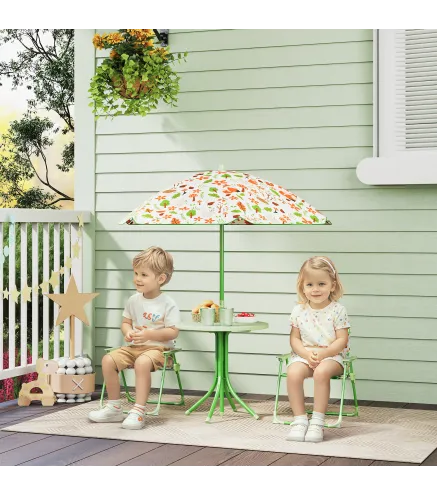 Conjunto Infantil de Jardín Plegable con 2 Sillas Mesa y Sombrilla Ajustable para Niños de 2 a 5 Años Verde