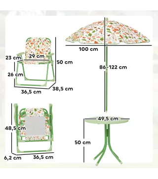 Conjunto Infantil de Jardín Plegable con 2 Sillas Mesa y Sombrilla Ajustable para Niños de 2 a 5 Años Verde