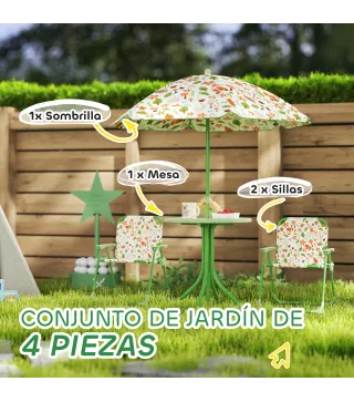 Conjunto Infantil de Jardín Plegable con 2 Sillas Mesa y Sombrilla Ajustable para Niños de 2 a 5 Años Verde