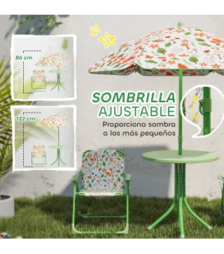 Conjunto Infantil de Jardín Plegable con 2 Sillas Mesa y Sombrilla Ajustable para Niños de 2 a 5 Años Verde