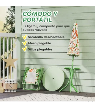 Conjunto Infantil de Jardín Plegable con 2 Sillas Mesa y Sombrilla Ajustable para Niños de 2 a 5 Años Verde