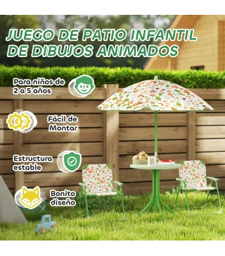 Conjunto Infantil de Jardín Plegable con 2 Sillas Mesa y Sombrilla Ajustable para Niños de 2 a 5 Años Verde