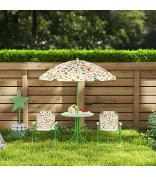 Conjunto Infantil de Jardín Plegable con 2 Sillas Mesa y Sombrilla Ajustable para Niños de 2 a 5 Años Verde