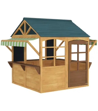 Casita de Juegos Infantil de Madera con Ventanas Pizarras Tejado y Toldo 173x117x144 cm Madera Natural