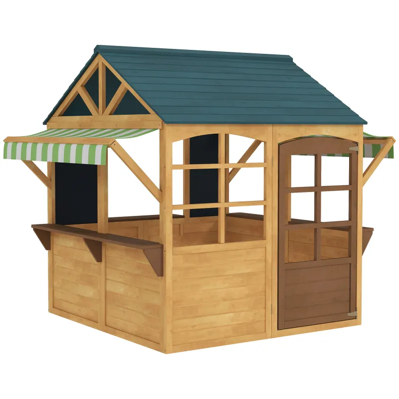 Casita de Juegos Infantil de Madera con Ventanas Pizarras Tejado y Toldo 173x117x144 cm Madera Natural