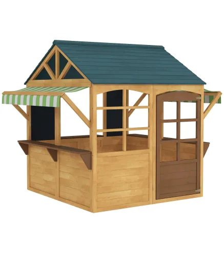 Casita de Juegos Infantil de Madera con Ventanas Pizarras Tejado y Toldo 173x117x144 cm Madera Natural