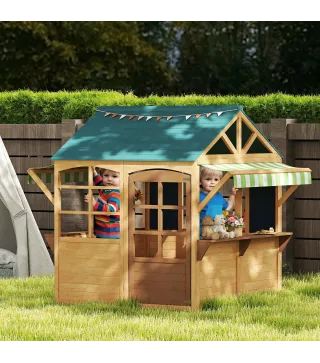 Casita de Juegos Infantil de Madera con Ventanas Pizarras Tejado y Toldo 173x117x144 cm Madera Natural