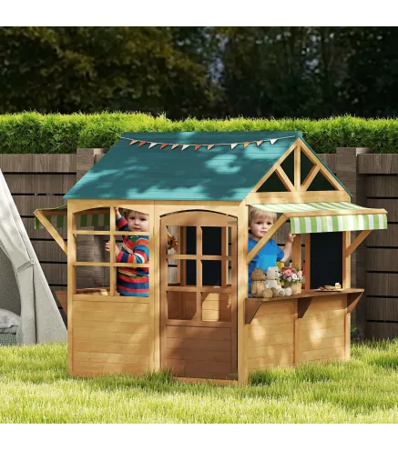 Casita de Juegos Infantil de Madera con Ventanas Pizarras Tejado y Toldo 173x117x144 cm Madera Natural