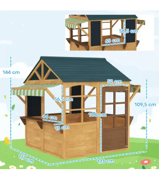 Casita de Juegos Infantil de Madera con Ventanas Pizarras Tejado y Toldo 173x117x144 cm Madera Natural