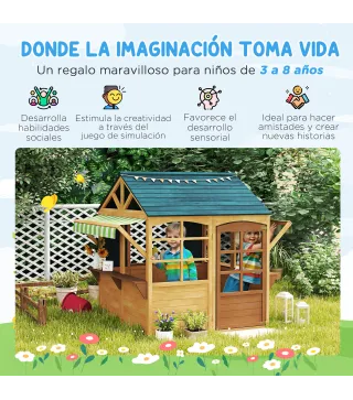 Casita de Juegos Infantil de Madera con Ventanas Pizarras Tejado y Toldo 173x117x144 cm Madera Natural