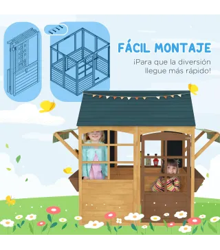 Casita de Juegos Infantil de Madera con Ventanas Pizarras Tejado y Toldo 173x117x144 cm Madera Natural
