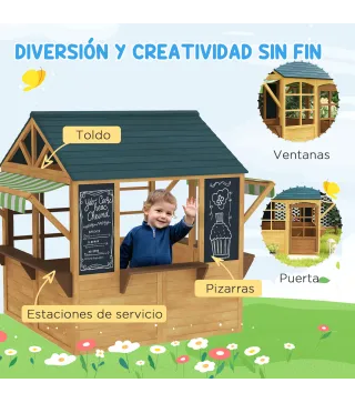 Casita de Juegos Infantil de Madera con Ventanas Pizarras Tejado y Toldo 173x117x144 cm Madera Natural