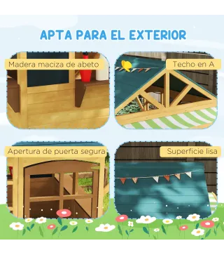 Casita de Juegos Infantil de Madera con Ventanas Pizarras Tejado y Toldo 173x117x144 cm Madera Natural