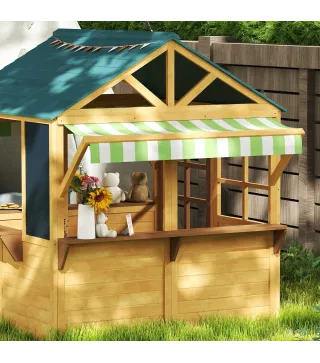 Casita de Juegos Infantil de Madera con Ventanas Pizarras Tejado y Toldo 173x117x144 cm Madera Natural