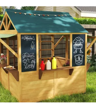 Casita de Juegos Infantil de Madera con Ventanas Pizarras Tejado y Toldo 173x117x144 cm Madera Natural