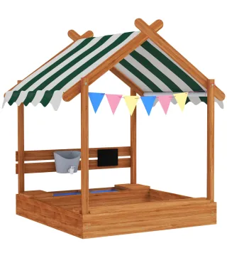 Arenero Infantil con Toldo 6 Banderines 2 Bandejas Grifo y Pizarra en Forma de Casa para Patio 124x116x146 cm Naranja