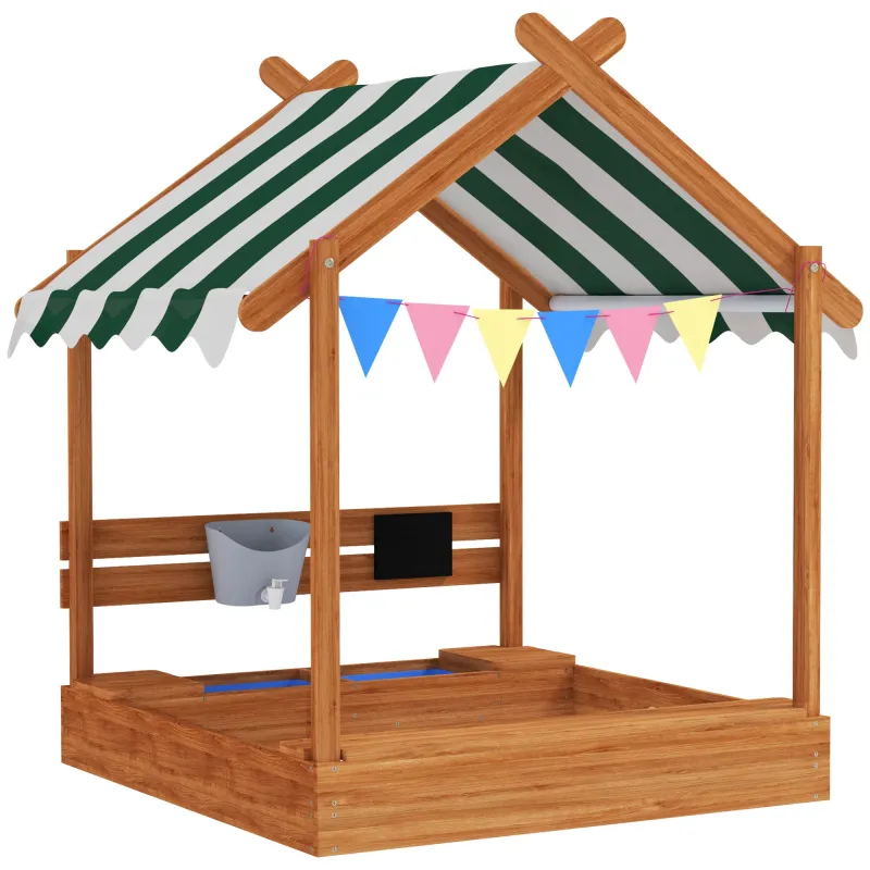 Arenero Infantil con Toldo 6 Banderines 2 Bandejas Grifo y Pizarra en Forma de Casa para Patio 124x116x146 cm Naranja