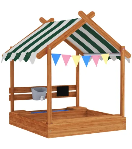 Arenero Infantil con Toldo 6 Banderines 2 Bandejas Grifo y Pizarra en Forma de Casa para Patio 124x116x146 cm Naranja