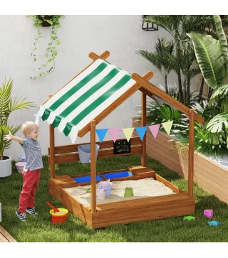 Arenero Infantil con Toldo 6 Banderines 2 Bandejas Grifo y Pizarra en Forma de Casa para Patio 124x116x146 cm Naranja