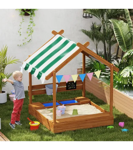 Arenero Infantil con Toldo 6 Banderines 2 Bandejas Grifo y Pizarra en Forma de Casa para Patio 124x116x146 cm Naranja