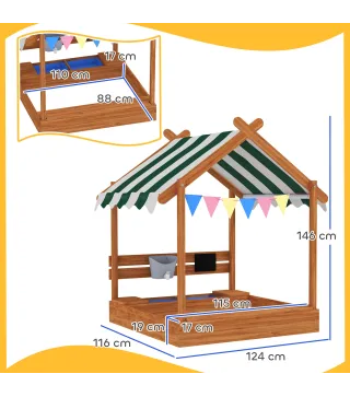 Arenero Infantil con Toldo 6 Banderines 2 Bandejas Grifo y Pizarra en Forma de Casa para Patio 124x116x146 cm Naranja
