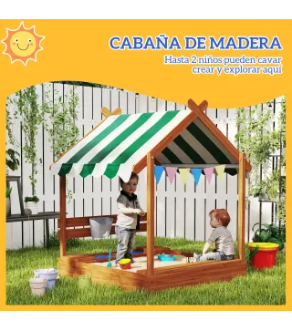 Arenero Infantil con Toldo 6 Banderines 2 Bandejas Grifo y Pizarra en Forma de Casa para Patio 124x116x146 cm Naranja