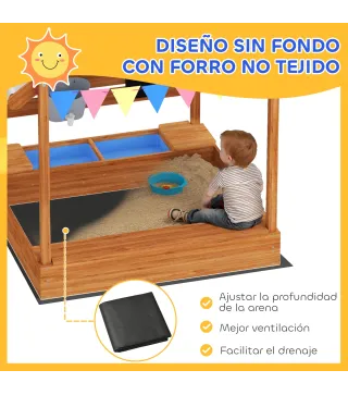 Arenero Infantil con Toldo 6 Banderines 2 Bandejas Grifo y Pizarra en Forma de Casa para Patio 124x116x146 cm Naranja