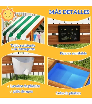 Arenero Infantil con Toldo 6 Banderines 2 Bandejas Grifo y Pizarra en Forma de Casa para Patio 124x116x146 cm Naranja