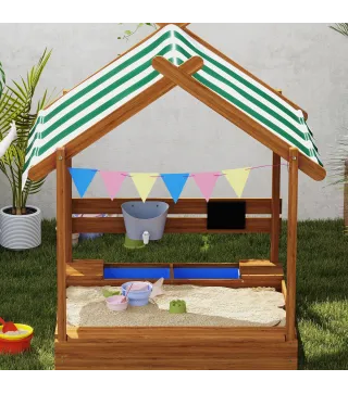 Arenero Infantil con Toldo 6 Banderines 2 Bandejas Grifo y Pizarra en Forma de Casa para Patio 124x116x146 cm Naranja