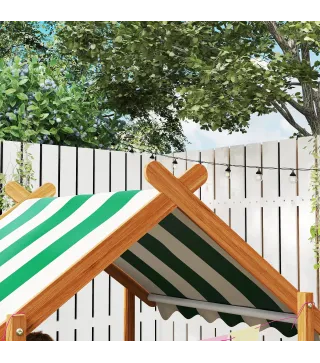 Arenero Infantil con Toldo 6 Banderines 2 Bandejas Grifo y Pizarra en Forma de Casa para Patio 124x116x146 cm Naranja