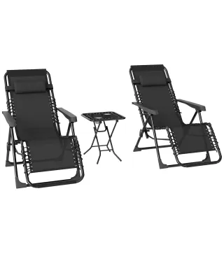 Set de 2 Tumbonas Jardín Exterior Plegables de Gravedad Cero con Mesa Auxiliar con Portavasos Reposacabezas Negro