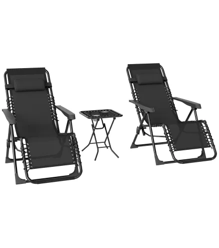 Set de 2 Tumbonas Jardín Exterior Plegables de Gravedad Cero con Mesa Auxiliar con Portavasos Reposacabezas Negro