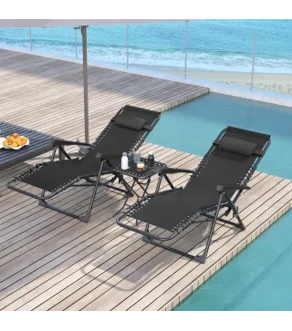 Set de 2 Tumbonas Jardín Exterior Plegables de Gravedad Cero con Mesa Auxiliar con Portavasos Reposacabezas Negro
