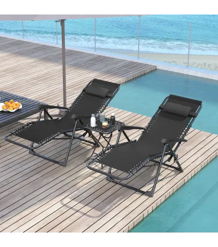 Set de 2 Tumbonas Jardín Exterior Plegables de Gravedad Cero con Mesa Auxiliar con Portavasos Reposacabezas Negro