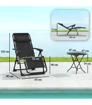 Set de 2 Tumbonas Jardín Exterior Plegables de Gravedad Cero con Mesa Auxiliar con Portavasos Reposacabezas Negro