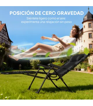 Set de 2 Tumbonas Jardín Exterior Plegables de Gravedad Cero con Mesa Auxiliar con Portavasos Reposacabezas Negro