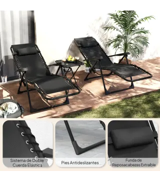 Set de 2 Tumbonas Jardín Exterior Plegables de Gravedad Cero con Mesa Auxiliar con Portavasos Reposacabezas Negro
