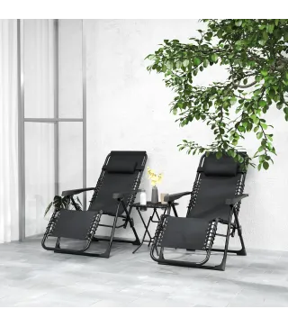 Set de 2 Tumbonas Jardín Exterior Plegables de Gravedad Cero con Mesa Auxiliar con Portavasos Reposacabezas Negro