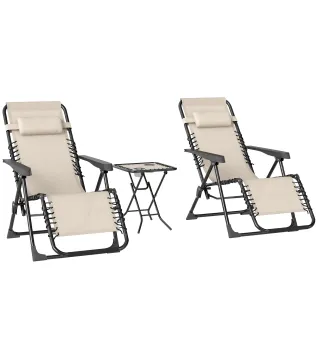 Set de 2 Tumbonas Jardín Exterior Plegables de Gravedad Cero con Mesa Auxiliar con Portavasos Reposacabezas Beige