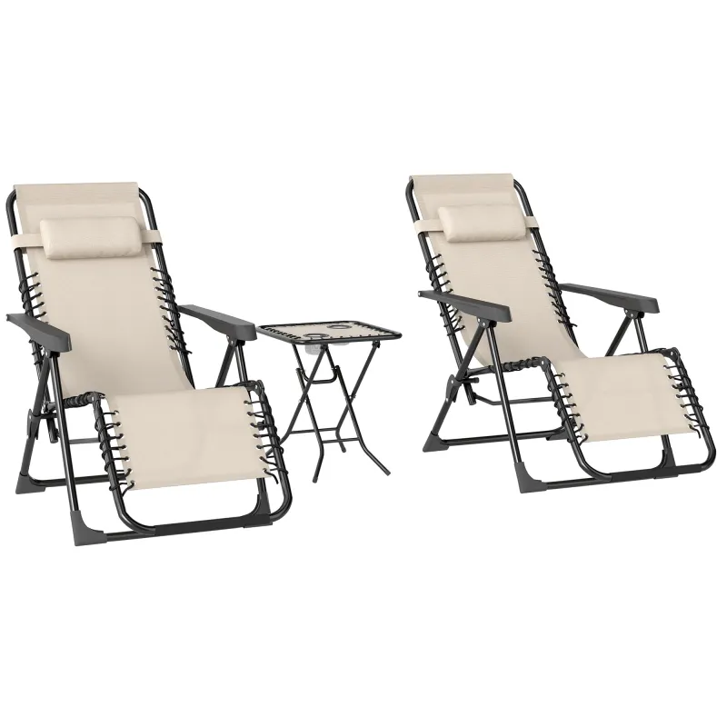 Set de 2 Tumbonas Jardín Exterior Plegables de Gravedad Cero con Mesa Auxiliar con Portavasos Reposacabezas Beige