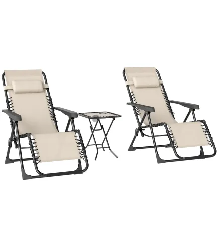 Set de 2 Tumbonas Jardín Exterior Plegables de Gravedad Cero con Mesa Auxiliar con Portavasos Reposacabezas Beige