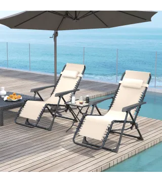 Set de 2 Tumbonas Jardín Exterior Plegables de Gravedad Cero con Mesa Auxiliar con Portavasos Reposacabezas Beige