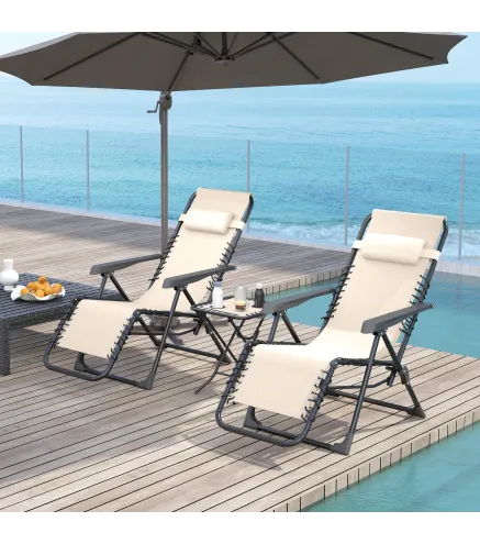Set de 2 Tumbonas Jardín Exterior Plegables de Gravedad Cero con Mesa Auxiliar con Portavasos Reposacabezas Beige