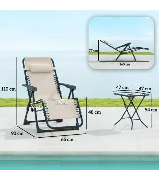 Set de 2 Tumbonas Jardín Exterior Plegables de Gravedad Cero con Mesa Auxiliar con Portavasos Reposacabezas Beige