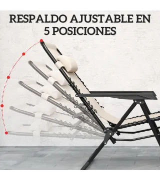 Set de 2 Tumbonas Jardín Exterior Plegables de Gravedad Cero con Mesa Auxiliar con Portavasos Reposacabezas Beige