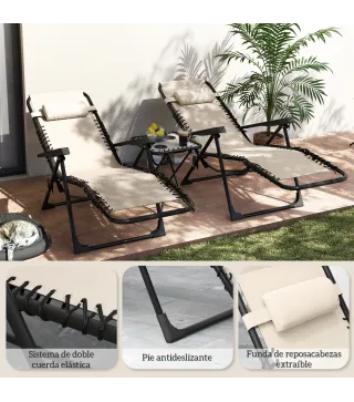 Set de 2 Tumbonas Jardín Exterior Plegables de Gravedad Cero con Mesa Auxiliar con Portavasos Reposacabezas Beige