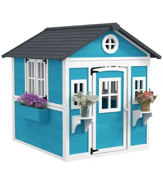 Casita de Madera Infantil con Puerta Ventanas Jardineras y Repisas con Detalles de Color 114x126,4x135 cm Azul