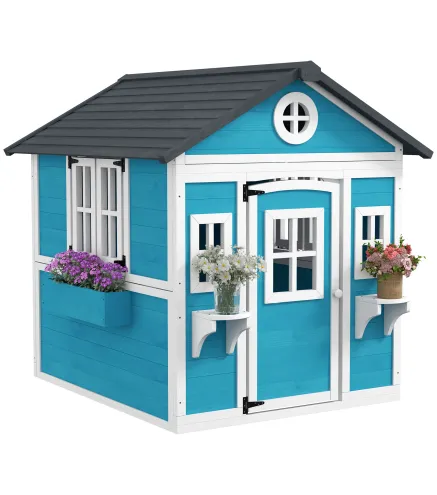 Casita de Madera Infantil con Puerta Ventanas Jardineras y Repisas con Detalles de Color 114x126,4x135 cm Azul