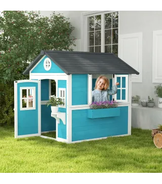 Casita de Madera Infantil con Puerta Ventanas Jardineras y Repisas con Detalles de Color 114x126,4x135 cm Azul