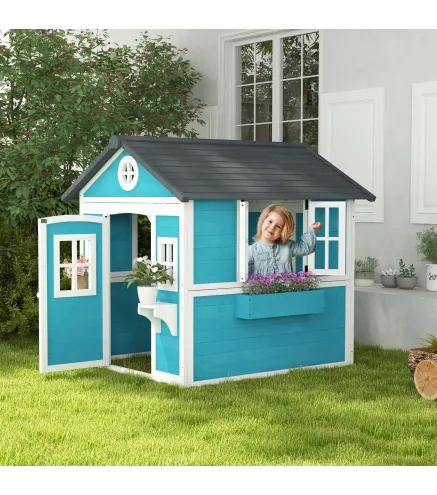 Casita de Madera Infantil con Puerta Ventanas Jardineras y Repisas con Detalles de Color 114x126,4x135 cm Azul